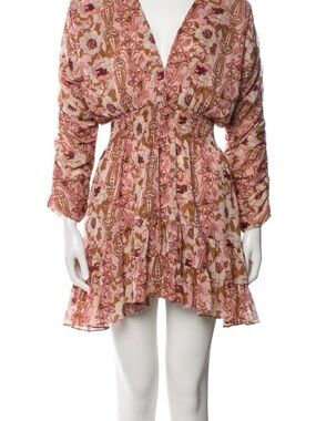 Misa Los Angeles Pink and Tan Floral V‑Neck Smocked Mini Dress
